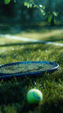 Grass Tennis Court with Racket and Ball Mobile Wallpaper